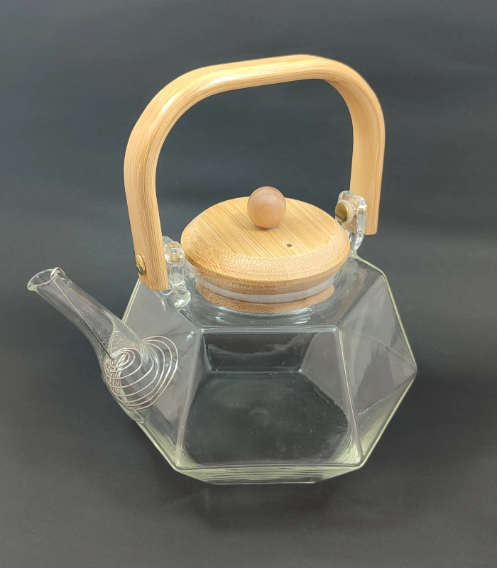قوری پیرکس شش ضلعی دسته بامبو 1600ml - فراکالا - Pyrex hexagonal teapot with bamboo handle 1600ml