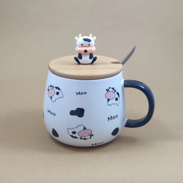 ماگ سرامیکی اعلا طرح گاو ( درب بامبو ) - فراکالا - Premium ceramic mug with cow design (bamboo lid)