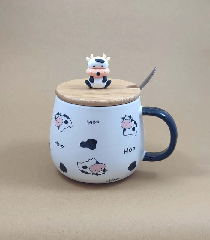 ماگ سرامیکی اعلا طرح گاو ( درب بامبو ) - فراکالا - Premium ceramic mug with cow design (bamboo lid)